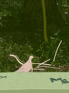 Sørgende due på væg i Prospect Park, ca. 2020-24 (digital kunst) af Evan Sklar