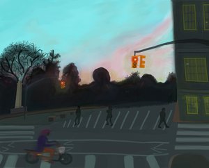 Orange Scooter,Grand Army Plaza, Brooklyn, 2016 (håndtegnet på en iPad med en Apple-blyant) af Evan Sklar