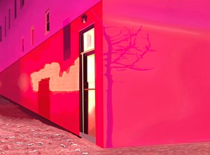 Rødt lys fra sirene og skygger af lille træ på siden af bygning på 12th street i snevejr (digital kunst) af Evan Sklar