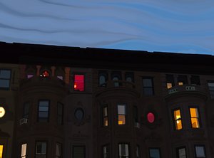 Rækkehuse med farverige og oplyste vinduer, Brooklyn (digital kunst) af Evan Sklar