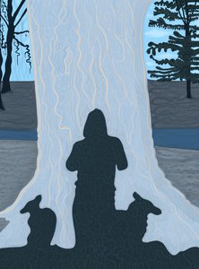 Skygge af mand og hund på stor træstamme, Brooklyn (digital kunst) af Evan Sklar
