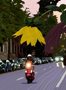 Solsikke og mand på rød scooter (digital kunst) af Evan Sklar