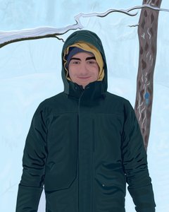 Ung mand i grøn parkacoat i sne (digital kunst) af Evan Sklar
