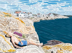 Ung mand ved havet i sommersol på klipper. (digital kunst) af Evan Sklar
