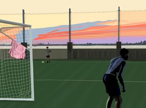 Ungdomsfodbold i Brooklyn Bridge Park (digital kunst) af Evan Sklar