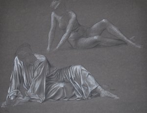 Double Study for Earthbound - tilbagelænet kvindefigur, 1897 (kridt på papir) af Evelyn De Morgan