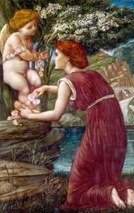 "Amor-kulten" Ung kvinde holder en statuette af kærlighedsguden. Maleri af Evelyn De Morgan (1855-1919) (prerafaelit) Privat samling af Evelyn De Morgan