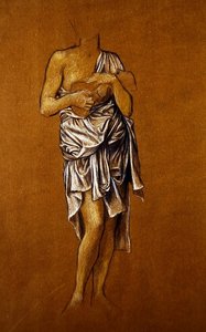 Venstrehånds kvindelig ansøger på en anløbsbro/ St Christin (blå og hvid farveblyant på papir) af Evelyn De Morgan