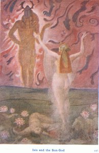 Isis og solguden Ra (farve litho) af Evelyn Paul
