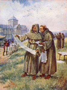 Bygning af et kloster (farve litho) af Evelyn Stuart Hardy