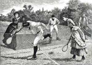 Gravering af en venskabelig double-tenniskamp af Everard Hopkins