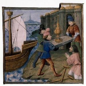 Arthuriansk legende: Galaad, Perceval og Bohort bringer Holay Grail i Palæstina: Graal vil helbrede den handicappede tigger, belysning af Evrard d