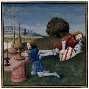 Arthurin legenda: Lancelot nukkuu, kun Graalin malja ilmestyy toiselle ritarille, valaistuksena Evrard d