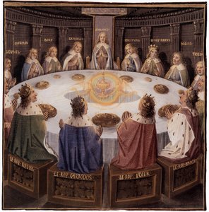 Arthurlegende: ridderne af det runde bord: Galaad (Galahad) på sædet Farligt, den hellige gral dukker op, belysning af Evrard d