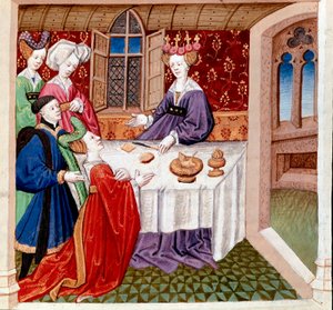 Iseult (eller Iseult) bønfalder om beskyttelse af dronning Guenevre, der sidder ved hendes bord. Miniature taget fra "" Romanesque du Chevalier Tristan et de la reine Yseult"" af Gassien de Poitiers belyst af Everard de Espinques (Evrard d