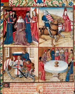 Kong Arthur holder hof, Lancelot ledet af en dame til klostret, blødgørende fra Galahad (Gaalad eller Galaad) til klostret og ridderne af det runde bord omkring den hellige gral-manuskriptside "" Ridderens romerske Tristan og dronning Yseult" af Gassien de
