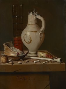Stilleben med rygeudstyr og ølkrus. 1664