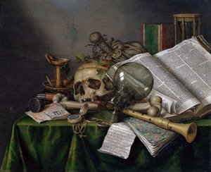 Vanitas - Stilleben med bøger og håndskrifter og et kranie