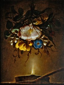 Et stilleben med en buket blomster hængende nær et stearinlys af Evert van Aelst