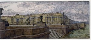 Senatspladsen i Sankt Petersborg. Beskrivelse af bygninger på bredden af ​​Neva. Værk af Evgeny Evgenyevich Lanceray (Eugene Lansere) (1875-1946), litografi