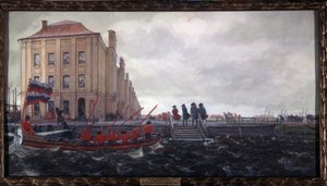 Sankt Petersborg i begyndelsen af ​​det 18. århundrede. Bygningen af ​​12 gymnasier. (St. Peterburg i begyndelsen af ​​det 18. århundrede. Tolv Collegia-bygningen). Beskrivelse af en kaj ved Neva, foran universitetet, hvor mænd venter på ankomsten af ​​en 