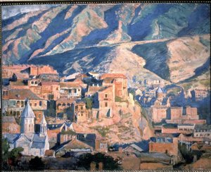 Tbilisi (Republikken Georgien) (Tiflis) - Udsigt over en by i Kaukasus, i et landskab af klippefyldte bjerge - Maleri af Evgeny Evgenyvich Lanceray (Eugene Lansere) (1875-1946), olie på lærred