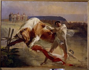 Opgøret af Jan (Ian) Usmar (Usmovich, Usmoshvets). (Tal of Strength of Yan Usmovets). Traditionel russisk legendarisk helt, sat på prøve af storhertug Vladimir (ca. 960-1015) for at stoppe en tyr med sine bare hænder. Maleri af Yevgraf Se af Evgraf Sorokine