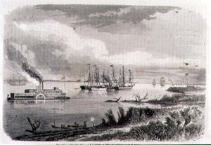 En dampbåd og en slæbebåd på Mississippi, graveret af Stephane Pannemaker (1847-1930) (gravering)