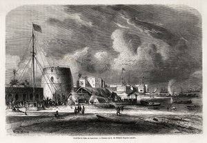 Havn i byen Zanzibar (nuværende Tanzania), tegning af Evremond de Berard (1824-1881), for at illustrere kaptajn Burtons rejse til de store søer i Østafrika i 1857-1859. Indgravering i "" Le tour du monde, nouveau journal des voyages"" Paris