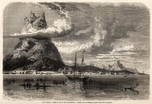Rade og toppen af øen Borabora, tegning af Evremond Auguste de Berard (1824-1881), for at illustrere en naturforskers rejse i Galapagos-øgruppen og koraløerne, i 1858 af Charles Darwin (1809-1882). Indgravering i "" Le tour du mond