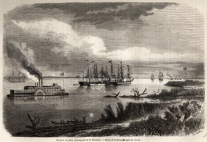Skib og slæbebåd på Mississippi, tegning af Evremond Auguste de Berard (1824-1881), for at illustrere rejsen til New Orleans i 1855 af Elysee (Elisee) Reclus (1830-1905). Indgravering i "" Le tour du monde, nouveau journal des voyages"" Paris