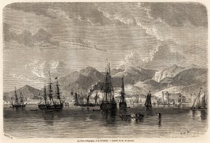 Spaniens havn, i Trinidad (Trinidad og Tobago), tegning af Evremond Auguste de Berard (1824-1881), for at illustrere rejserne til Vestindien, i 1858-1859, af Anthony Trollope (1815-1882). Indgravering i "" Le tour du monde, nouveau journal des voya