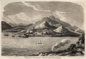 Udsigt over Port of France, Ny Kaledonien, tegning af Evremont de Berard (1824-1881), til illustration af Victor de Rochas