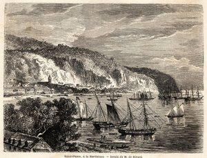 Udsigt over Saint Pierre på Martinique, tegning af Auguste de Berard (1824-1881), for at illustrere rejserne til Vestindien, i 1858-1859, af Anthony Trollope (1815-1882). Gravering i "" Jorden rundt, ny rejsejournal"" Paris