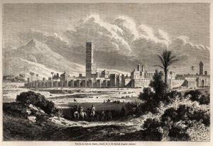 Udsigt over byen Marrakech (tidligere Marokko), tegning af Auguste de Berard (1824-1881), for at illustrere Mr.F. Schicklers rejse til Marokko i 1860. Indgravering i "" Le tour du monde, nouveau journal des voyages"" Paris