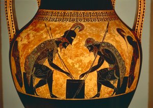 Attic sort-figur amfora forestillende Achilleus og Ajax spiller terninger, fra Vulci, ca. 540-530 f.Kr. (keramik) (detalje) af Exekias Exekias