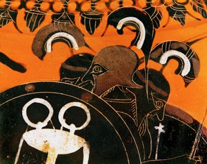 Den trehovedede kæmpe Geryon, hvis kvæg Herakles stjal ... af Exekias Exekias