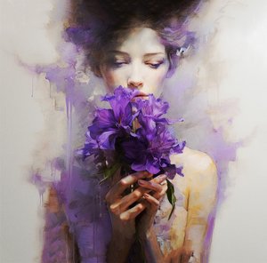 En smuk kvinde bærer abstrakte lilla blomster, Wall Art | Canvas Prints af F. Abderrahim