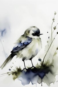 En ensom fugl i akvarelmaleri, vægdekoration indendørs kunsttryk af F. Abderrahim