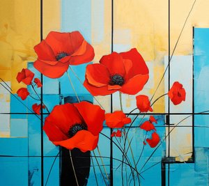 Abstrakt Mondrian, valmuer blomstermaleri, vægkunst | Lærredstryk