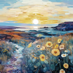 Abstrakte lilla blomster i solopgang landskabsmaleri, vægkunsttryk af F. Abderrahim