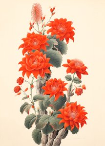 Abstrakt kaktus med blomster, japansk træsnit, indrammede vægbilleder af F. Abderrahim