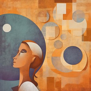Abstrakt digitalt maleri af en person, der ser kedelig og overvældet ud, kunsttryk af F. Abderrahim
