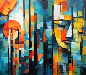 Abstrakt figurativt farverigt maleri, printbar digital kunst