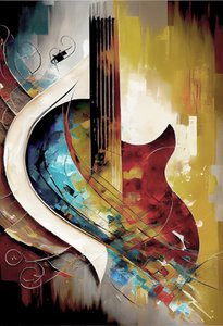 Abstrakt musik oliemaleri: guitar tykke penselstrøg lærred kunsttryk af F. Abderrahim