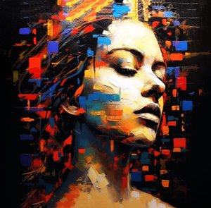 Abstrakt maleri kvindeportræt profil sort baggrund, Wall Art | Canvas Prints af F. Abderrahim