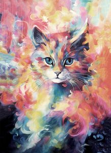 Abstrakt maleri af et kæledyr, en kat i lyse, levende farver, vægkunstprint af F. Abderrahim