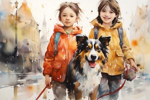 Akvarel portrætmaleri af hund og børn, vægkunst, canva print af F. Abderrahim