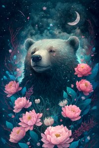 Bjørn i en fantasifuld drømmescene omgivet af blomster, indrammede plakater af F. Abderrahim