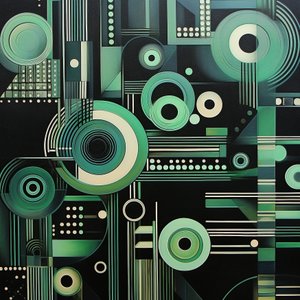 Kompleks geometrisk maleri på mørk sort baggrund, kunsttryk